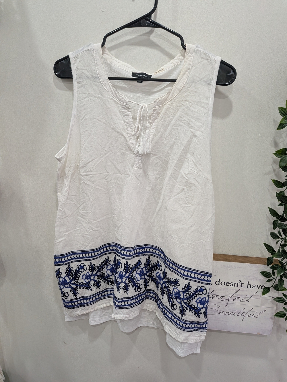 Verve Ami White Cotton Top with Navy Blue Embroidered Hem